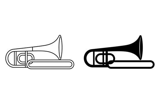 Brass trombone music icons in outline and vector illustration