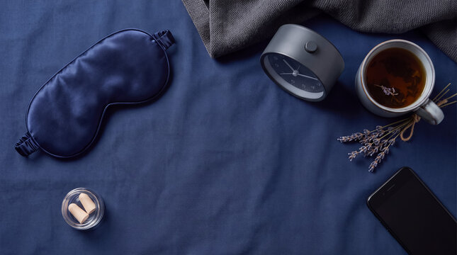 Creating a relaxing bedtime routine with sleep mask, alarm clock, earplugs, herbal tea, and smartphone on a blue bedsheet