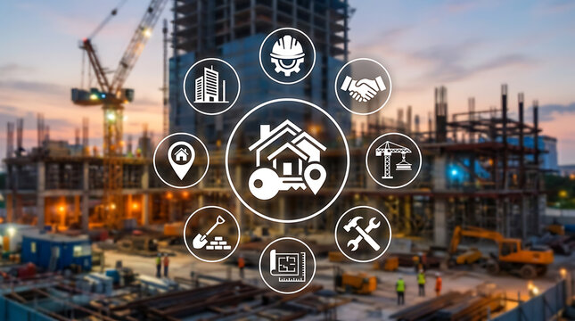Construction industry icons over urban skyline with cranes and digital overlay for business technology