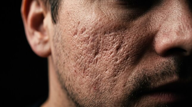 Close up view of male cheek with deep pitted ice pick acne scars and enlarged pores