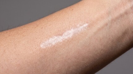 Fototapeta premium Macro photograph of linear pale mature surgical scar tissue on human forearm skin