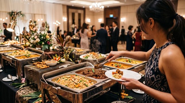 Woman selecting food from a luxury buffet catering spread at a formal wedding reception or corporate dinner gala event
