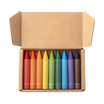Open Brown Kraft Paper Box of Rainbow Wax Crayons Set Isolated
