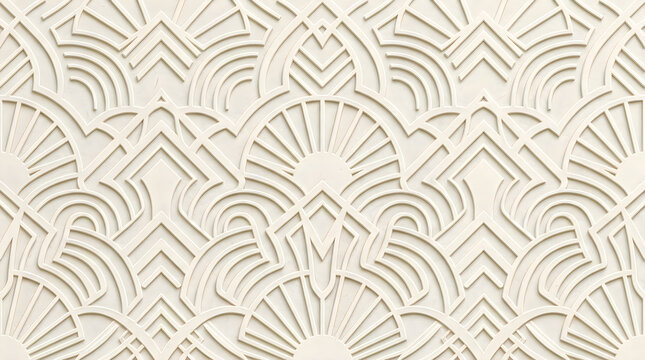 Abstract art deco pattern with geometric fan shapes in light grey and white paper cut style