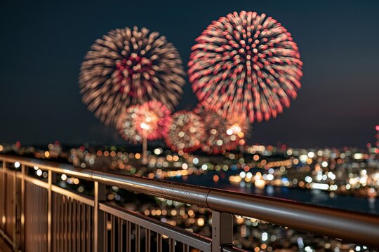 Fireworks exploding over city skyline at night with balcony bokeh view