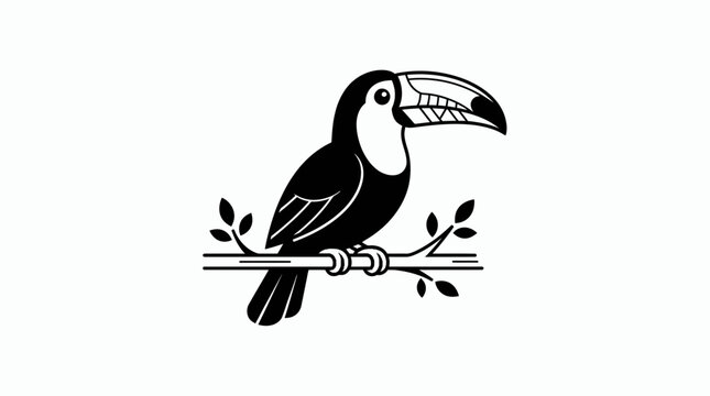 A stylized artistic depiction of a toucan perched on a tree branch showcasing its distinctive large beak and striking black and white plumage in a clear uncluttered composition suitable for