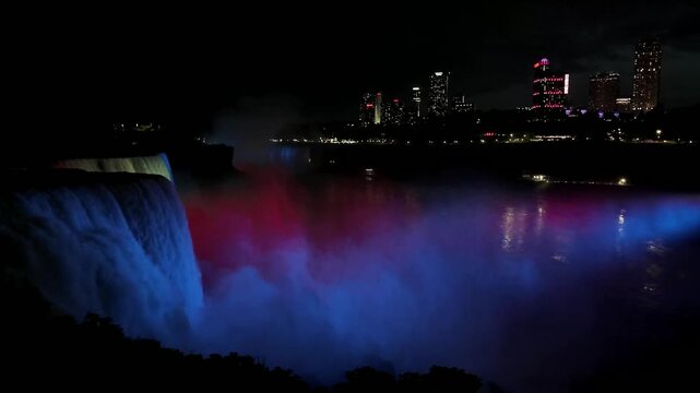 Niagara Falls at Dusk with Illuminated Mist and Skylon Tower Skyline in Ontario, Canada