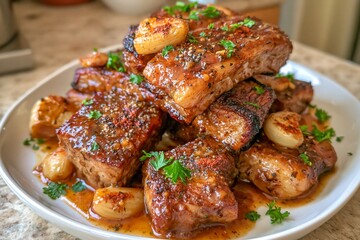 Fototapeta premium Gourmet braised short ribs with garlic and parsley savory slow-cooked meat dish for fine dining and comfort food