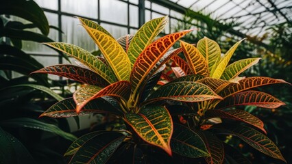 Obraz premium Vibrant leaves with colorful veins in a glass greenhouse setting