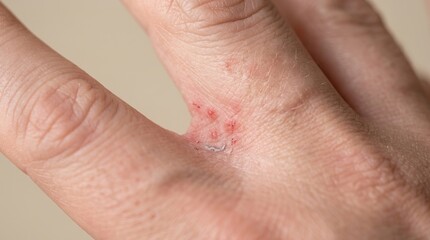 Fototapeta premium Extreme macro of scabies burrow and erythematous papules in finger web space