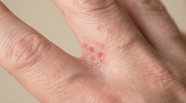 Extreme macro of scabies burrow and erythematous papules in finger web space