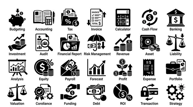Financial icons set featuring black business symbols for accounting, tax, banking, investment, and budgeting concepts.