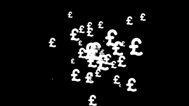 Shining British pound sterling signs bursting outward, white currency on black screen background, British pound currency symbol motion graphics particle burst seamless loop,4k video