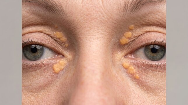 Frontal close-up of bilateral xanthelasma palpebrarum deposits on female eyelids