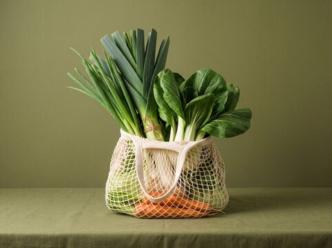 Fresh Organic Vegetables like Leeks and Bok Choy in a Reusable Mesh Bag on a Green Studio Background