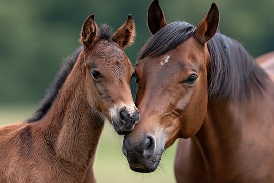 Cute brown horse mare and foal touching noses in tender moment