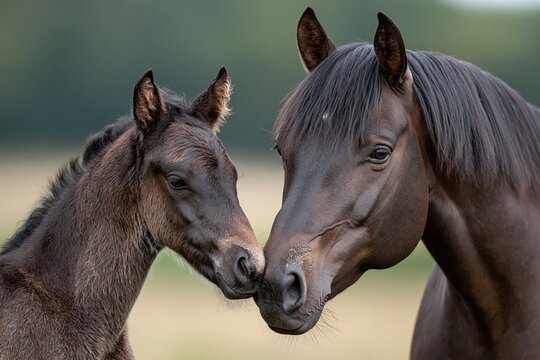 Cute brown mare and foal touching noses portrait in warm sunlight