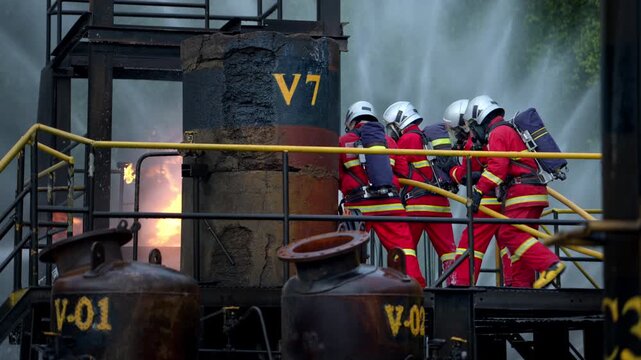 A team of firefighters works together to spray water hoses near burning industrial tanks during a controlled fire suppression training exercise