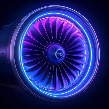 A close up of a jet engine turbine featuring vibrant neon blue and purple glowing lights set against a dark background for futuristic design.