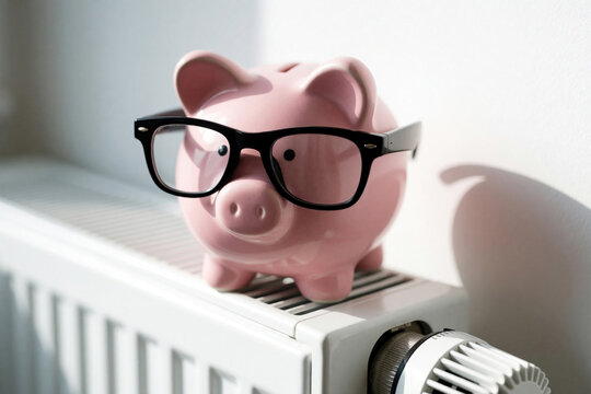 Pink piggy bank with glasses sits on a radiator near a thermostat. Concept for saving money on home heating and energy costs. Smart financial planning.