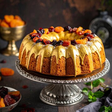A luxurious golden bundt cake topped with dried apricots and dark raisins served on a silver pedestal platter for a festive holiday occasion.