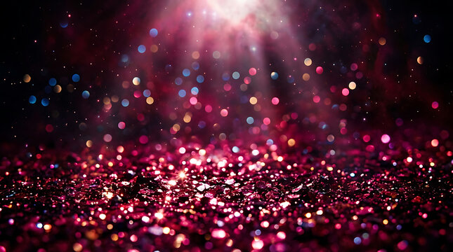 Magical glowing pink and red glitter background with sparkling bokeh lights and shiny magic dust