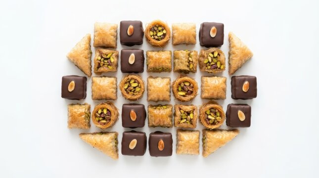 Assorted traditional middle eastern baklava pastries with pistachios and chocolate coating isolated on white background