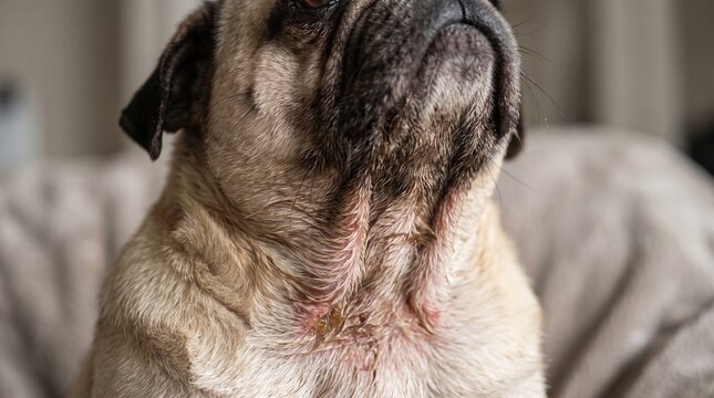 Pug dog with inflamed, red, and crusty neck fold skin caused by Malassezia dermatitis and intertrigo