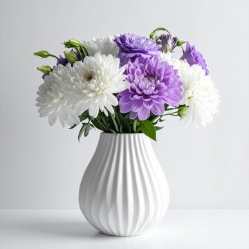 A beautiful arrangement of fresh white and purple flowers in a modern white ceramic vase isolated on a bright white background for home decor.