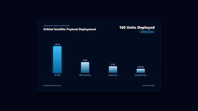 Bar chart interface displays satellite payload deployment metrics on a dark blue background.