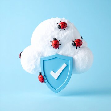 Conceptual illustration of digital cloud security with a protective shield icon and red ladybug insects representing software bugs or malware.