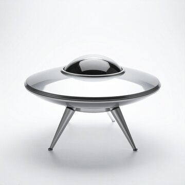 A futuristic metallic saucer shaped spacecraft vehicle design with a smooth glossy dome isolated on a clean white professional background studio.