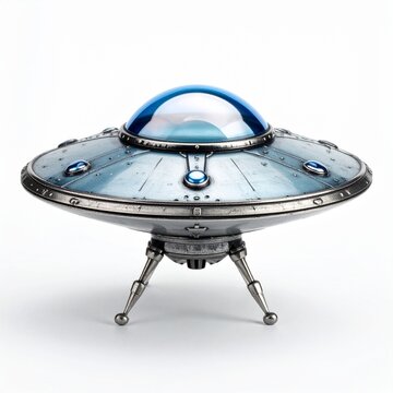 A detailed metallic saucer style flying object with a glowing blue dome on landing legs isolated on a clean white studio background for design.