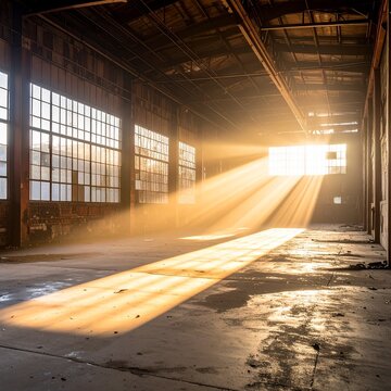 Dramatic interior of an old abandoned industrial warehouse with golden sunbeams streaming through large windows creating atmospheric lighting.