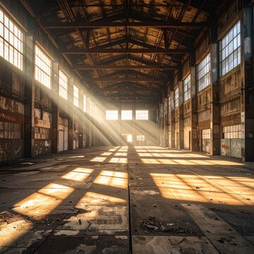 Large abandoned industrial warehouse interior with dramatic sunbeams streaming through high windows creating geometric patterns on concrete floor.