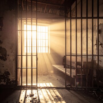 A dramatic view of an old abandoned prison cell with sunlight streaming through a barred window creating a hopeful atmosphere of freedom ahead.