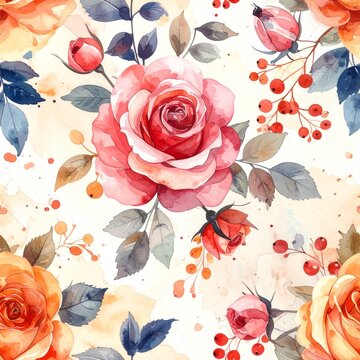 Elegant watercolor seamless pattern featuring beautiful romantic red and orange roses with delicate berries and leaves on a soft light background.