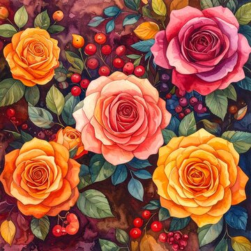Beautiful watercolor illustration featuring vibrant blooming roses and small red berries on a dark artistic background for floral design projects.