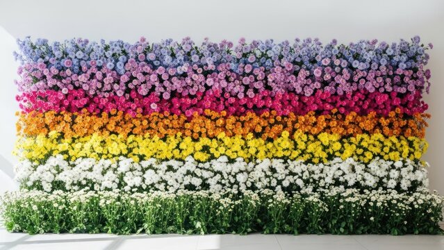 Wall of colorful flowers in horizontal bands, bright and cheerful