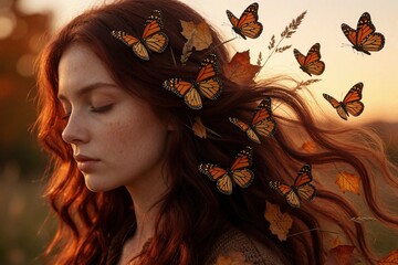 Fototapeta premium Young woman with red hair stands in autumn sunset. Orange monarch butterflies fly around head. Profile view of girl with fall leaves in hair. Dreamy fantasy portrait with warm golden light in nature