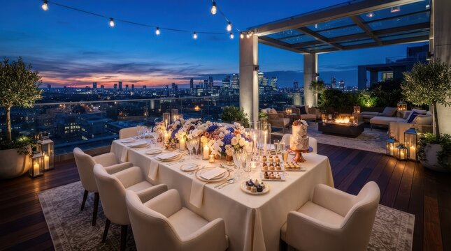 Elegant outdoor dining table set for a dinner party on a modern rooftop terrace with a beautiful sunset city skyline view