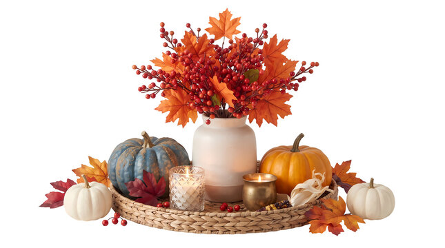 Thanksgiving harvest tray with pumpkins gourds berries and candles for seasonal decor.