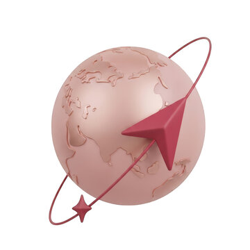 3D rose gold earth globe with red arrow orbiting for global business