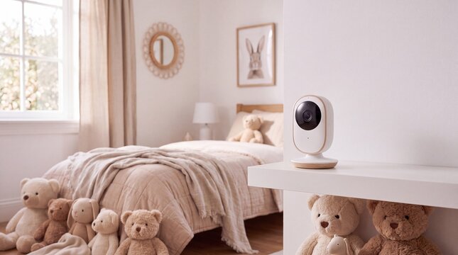 Cozy children's bedroom with a neatly made bed, teddy bears, soft neutral decor, and a modern baby monitor on a shelf.