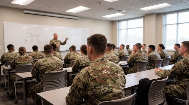 Military personnel attend a classroom briefing led by an instructor during a professional training session.