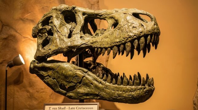 A detailed closeup of a Tyrannosaurus Rex dinosaur fossil skull on display in a museum