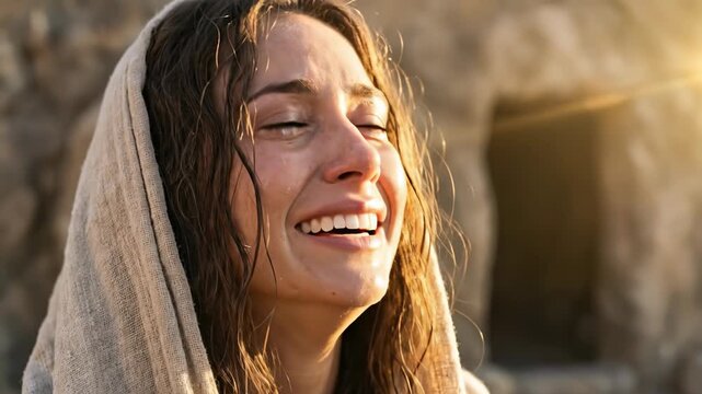 Mary Magdalene smiling with profound joy and tears of relief outside the empty tomb during Easter morning representing resurrection and faith in the holy sepulchre context of holy week
