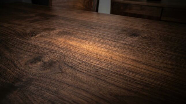 A high-quality close-up view of a dark walnut wood grain table surface with natural patterns and warm light