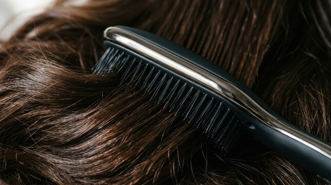Closeup of a hairbrush grooming dark brown hair