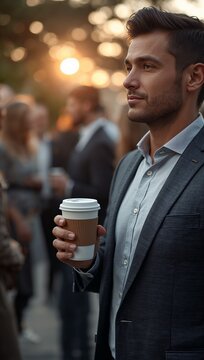 Confident businessman holds a takeaway coffee while standing outdoors among people in warm evening light.